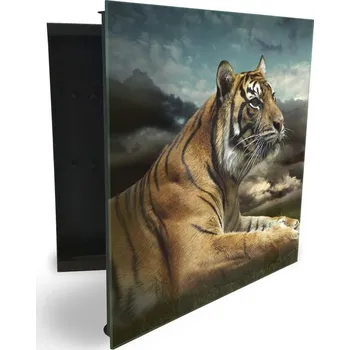 Skříňka na klíč Glasdekor skříňka na klíče - ležící tygr pod tmavou oblohou Otevírání: Pravé, Barva skříňky: Bílá