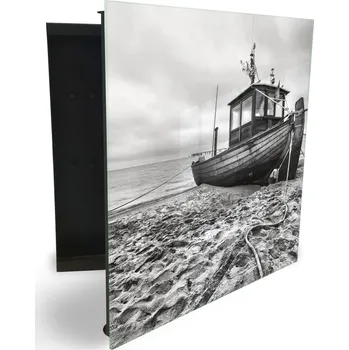 Skříňka na klíč Glasdekor skříňka na klíče - černobílá rybářská loď Otevírání: Levé, Barva skříňky: Bílá