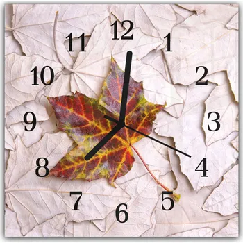 Hodiny Glasdekor Nástěnné hodiny 30x30cm list javorový jako pozadí i detail Materiál: plexi