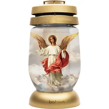 Smuteční dekorace Hřbitovní lucerna skleněná Anděl zlatá 36 hod (výška 235 mm, šířka 110 mm)