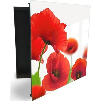 Skříňka na klíč Glasdekor skříňka na klíče - květy vlčí máky na bílém Otevírání: Pravé, Barva skříňky: Černá