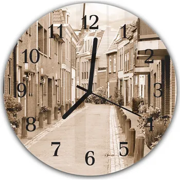 Hodiny Glasdekor Nástěnné hodiny kulaté pr.30cm boční klidná ulice ve městě Materiál: plexi