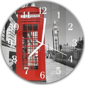 Hodiny Glasdekor Nástěnné hodiny kulaté pr.30cm Anglická telefonní budka v Londýně a věž Materiál: plexi