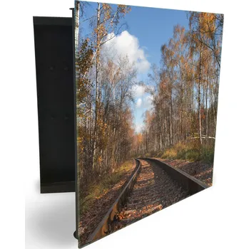 Skříňka na klíč Glasdekor skříňka na klíče - železnice v podzimním lese Otevírání: Pravé, Barva skříňky: Černá