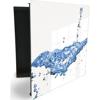 Skříňka na klíč Glasdekor skříňka na klíče - stříkající modrá voda na bílém pozadí Otevírání: Levé, Barva skříňky: Bílá