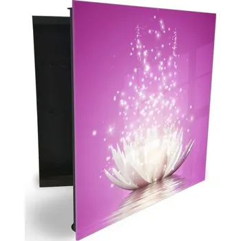 Skříňka na klíč Glasdekor skříňka na klíče - bílý leknín se třpytky, růžové pozadí Otevírání: Pravé, Barva skříňky: Černá