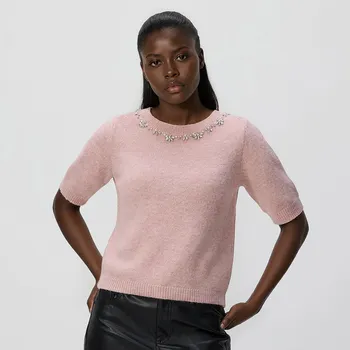 Dámský svetr Reserved - Svetr s dekorativní aplikací - pastelově růžová - 192HI-03X - 192HI-03X-XL