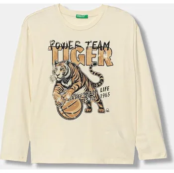 Dětské bavlněné tričko s dlouhým rukávem United Colors of Benetton béžová barva, s potiskem, 3ATNC10R8 3ATNC10R8.G.Seasonal 80X, vel. 168