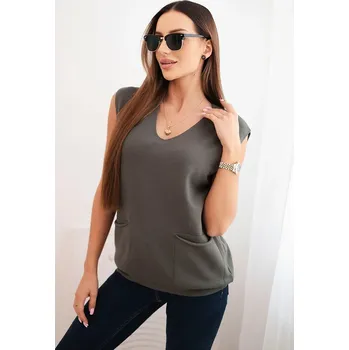 Dámská halenka Kesi Dámský viskózový svetr R2013 bez rukávů s kapsami a V Barva: Zelená, Velikost: UNI