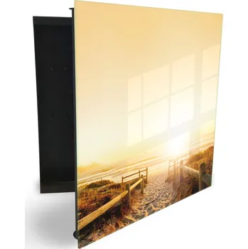 Skříňka na klíč Glasdekor skříňka na klíče - zářivý západ slunce nad pláží Otevírání: Levé, Barva skříňky: Černá