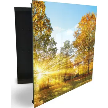 Skříňka na klíč Glasdekor skříňka na klíče - idylický podzimní park a slunce Otevírání: Levé, Barva skříňky: Bílá