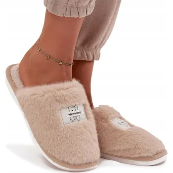 Dámské pantofle PANTOFLE DÁMSKÉ DOMÁCÍ OBUV S KOŽÍŠKEM NÁŠIVKA MEDVÍDEK NÁPIS BÉŽOVÉ 36/37