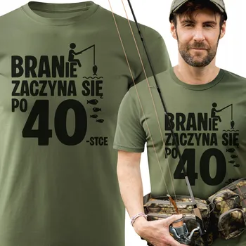 Pánské tričko Rybářské tričko khaki s potiskem CHYTÁNÍ ZAČÍNÁ PO 40