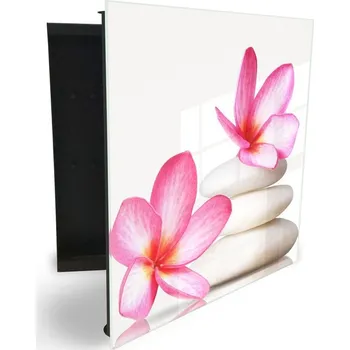 Skříňka na klíč Glasdekor skříňka na klíče - růžový květ na bílém kameni Otevírání: Pravé, Barva skříňky: Bílá