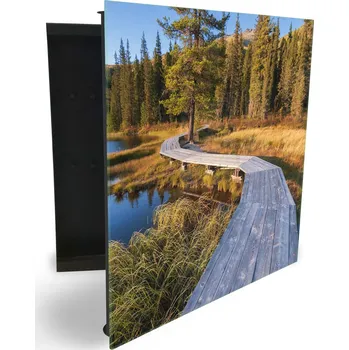 Skříňka na klíč Glasdekor skříňka na klíče - dřevěná cesta okolo jezera v lese Otevírání: Levé, Barva skříňky: Černá