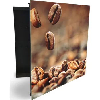 Skříňka na klíč Glasdekor skříňka na klíče - padající zrna kávy na hnědém podkladu Otevírání: Levé, Barva skříňky: Černá