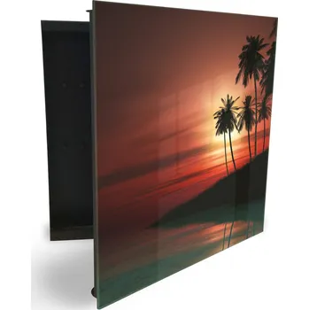 Skříňka na klíč Glasdekor skříňka na klíče - palmový ostrov v západu slunce Otevírání: Levé, Barva skříňky: Bílá