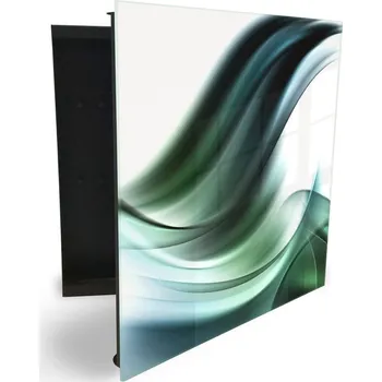 Skříňka na klíč Glasdekor skříňka na klíče - modro zelená vlna abstrakce Otevírání: Pravé, Barva skříňky: Bílá