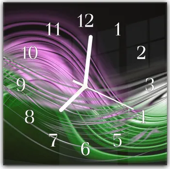 Hodiny Glasdekor Nástěnné hodiny 30x30cm fialovo zelená vlna na černém Materiál: plexi