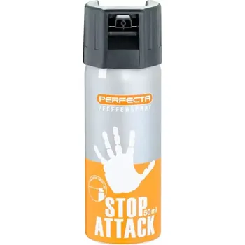 Obranný sprej Pepřák PERFECTA stop attack 50ml žlutý (Sprej pro sebeobranu s 10% účinnou pepřovou látkou k zneškodnění útočníka či agresivní zvěře, hlavice JET (střela) = stříkací proud s dosahem až 5 m)