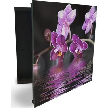 Skříňka na klíč Glasdekor skříňka na klíče - květy temně fialové orchideje nad hladinou Otevírání: Pravé, Barva skříňky: Černá