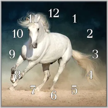 Hodiny Glasdekor Nástěnné hodiny 30x30cm bílý kůň v prachu Materiál: plexi