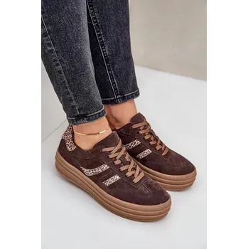 Dámské tenisky Zazoo N1176 Semišové tenisky na platformě s leopardím vzorem čokoládové 40