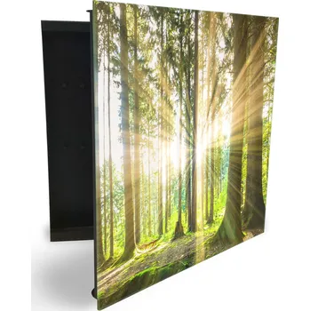 Skříňka na klíč Glasdekor skříňka na klíče -sluneční paprsky mezi stromy v lese Otevírání: Levé, Barva skříňky: Bílá