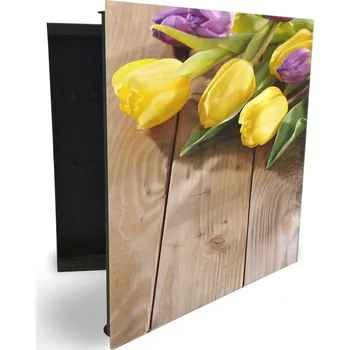 Skříňka na klíč Glasdekor skříňka na klíče - žluté tulipány na dřevě Otevírání: Levé, Barva skříňky: Bílá