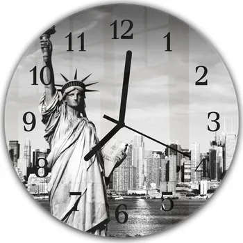 Hodiny Glasdekor Nástěnné hodiny kulaté pr.30cm město New York a socha Svobody Materiál: plexi