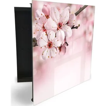 Skříňka na klíč Glasdekor skříňka na klíče - růžové květy na větvi Otevírání: Levé, Barva skříňky: Bílá