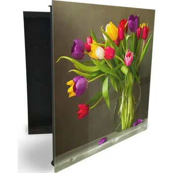 Skříňka na klíč Glasdekor skříňka na klíče - kytice barevných tulipánů Otevírání: Pravé, Barva skříňky: Bílá