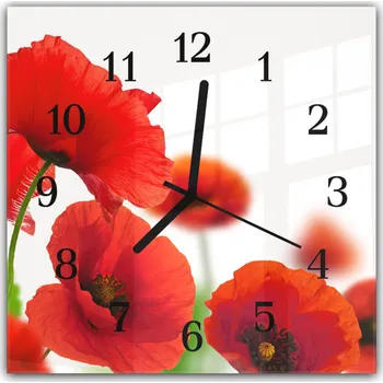 Hodiny Glasdekor Nástěnné hodiny 30x30cm květy vlčích máků na bílém podkladu Materiál: plexi