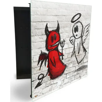 Skříňka na klíč Glasdekor skříňka na klíče - kreslený anděl a čert na zdi Otevírání: Levé, Barva skříňky: Bílá