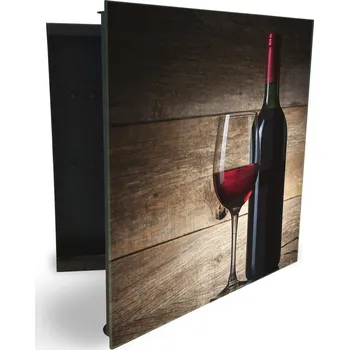 Skříňka na klíč Glasdekor skříňka na klíče - sklenice a láhev červené víno u dřeva Otevírání: Levé, Barva skříňky: Černá