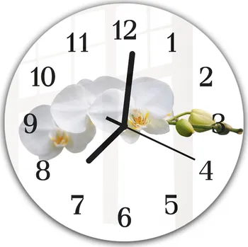 Hodiny Glasdekor Nástěnné hodiny kulaté pr.30cm bílé květy orchideje na stonku Materiál: plexi