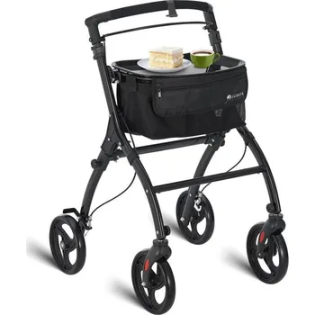 Chodítko pro seniory Juskys Lehké hliníkové chodítko s brzdou, tácem a taškou černé