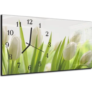 Hodiny Glasdekor Nástěnné hodiny bílé tulipány 30x60cm Materiál: plexi