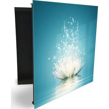 Skříňka na klíč Glasdekor skříňka na klíče - bílý leknín se třpytky, modré pozadí Otevírání: Levé, Barva skříňky: Bílá