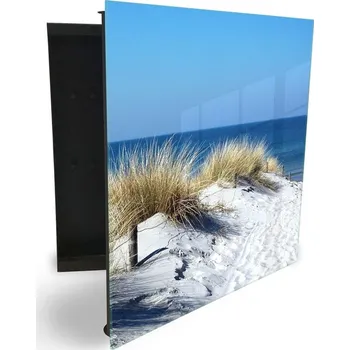 Skříňka na klíč Glasdekor skříňka na klíče - písečná pláž s trávou u moře Otevírání: Levé, Barva skříňky: Bílá