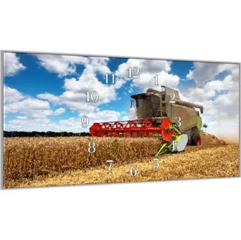 Hodiny Glasdekor Nástěnné hodiny 30x60cm kombajn seče pole, žně Materiál: kalené sklo