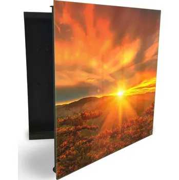 Skříňka na klíč Glasdekor skříňka na klíče - pohled na hory, zářivý západ slunce Otevírání: Levé, Barva skříňky: Bílá