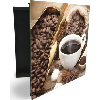 Skříňka na klíč Glasdekor skříňka na klíče - šálek a zrna kávy, koření a cukr Otevírání: Levé, Barva skříňky: Bílá