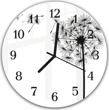 Hodiny Glasdekor Nástěnné hodiny kulaté pr.30cm malovaná černobílá odkvetlá pampeliška Materiál: plexi