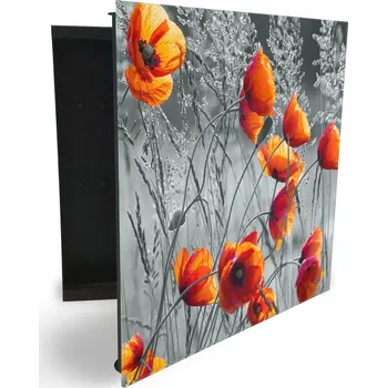 Skříňka na klíč Glasdekor skříňka na klíče - květy vlčí máky a šedá tráva Otevírání: Levé, Barva skříňky: Bílá