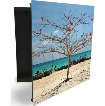 Skříňka na klíč Glasdekor skříňka na klíče - strom bez listí na pláži u moře Otevírání: Pravé, Barva skříňky: Bílá