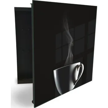 Skříňka na klíč Glasdekor skříňka na klíče - bílý hrnek a kouř na černém pozadí Otevírání: Levé, Barva skříňky: Černá