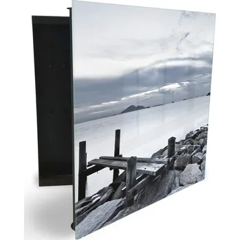 Skříňka na klíč Glasdekor skříňka na klíče - černo bílá lávka u jezera Otevírání: Levé, Barva skříňky: Černá