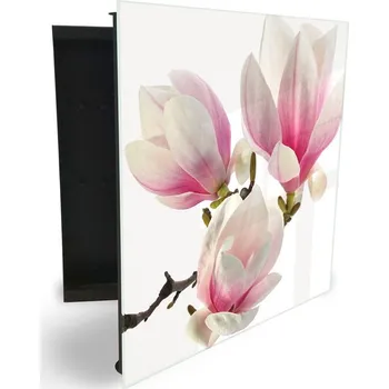 Skříňka na klíč Glasdekor skříňka na klíče - květy magnolie na bílém podkladu Otevírání: Levé, Barva skříňky: Bílá