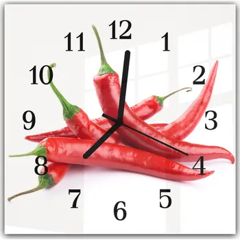 Hodiny Glasdekor Nástěnné hodiny 30x30cm červené chilli papričky na bílém podkladu Materiál: plexi